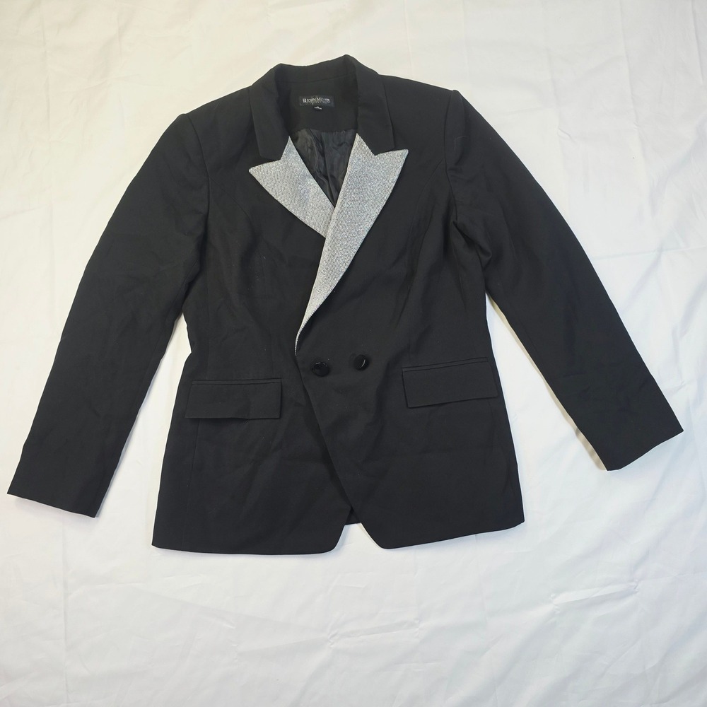 John Meyer Women Blazer Size 10 Black Silver Metallic Lapel Double Breasted Z93
